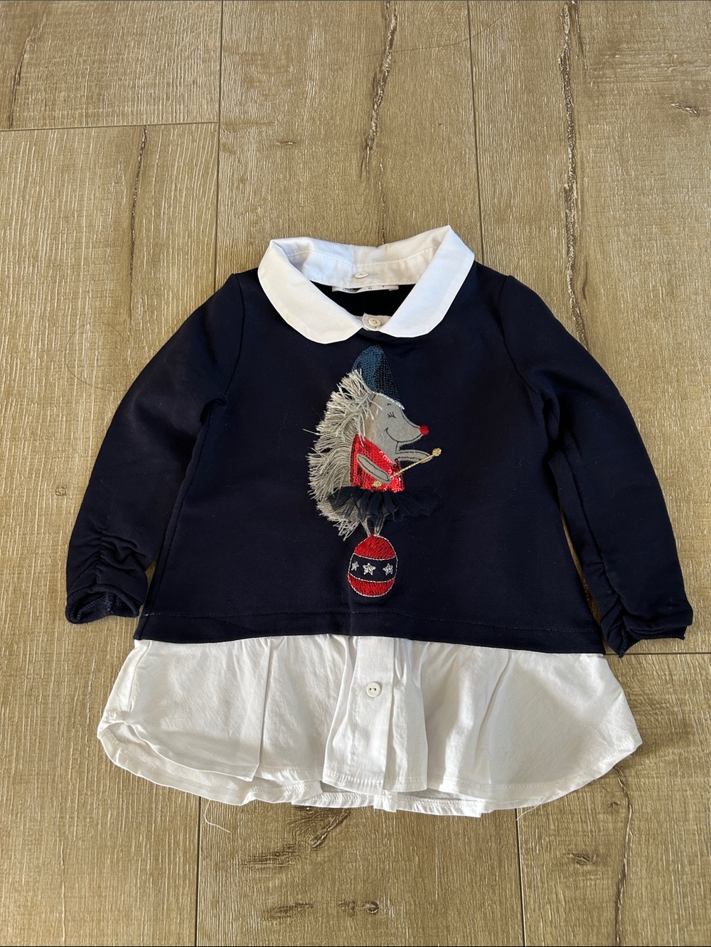 Girls Navy Layered Top with White Collar and Hedgehog Embroidery